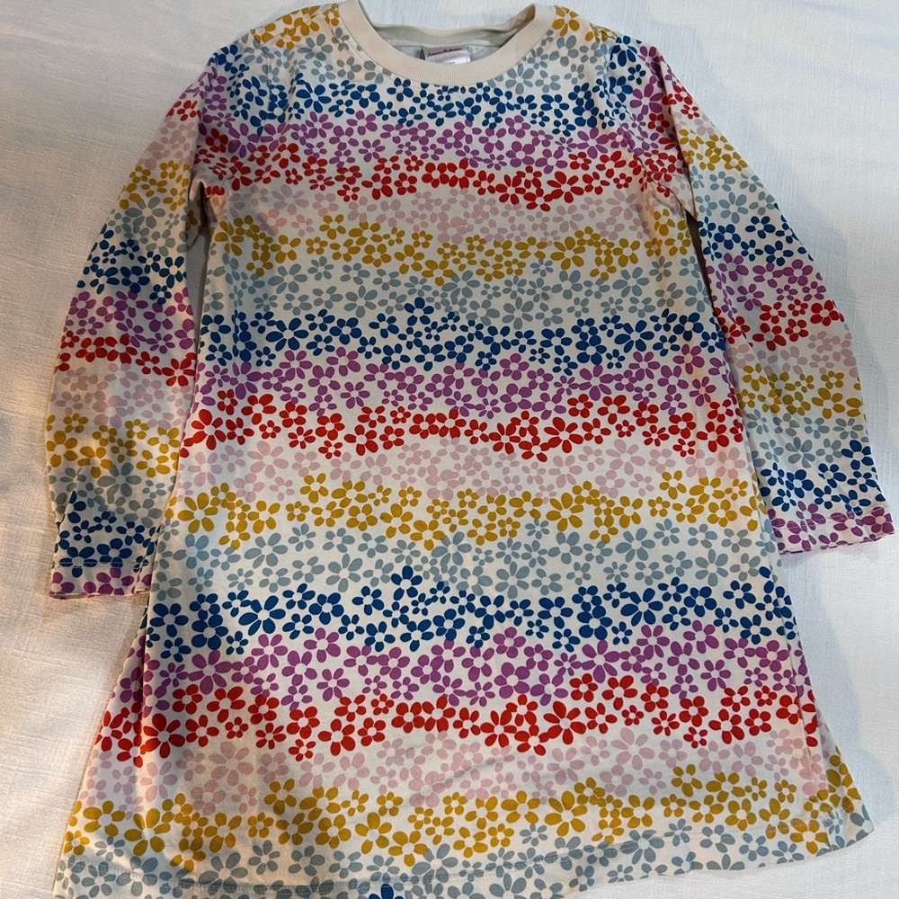 Hanna Andersson Long Sleeve T-Shirt Dress Floral Rainbow On Ecru 6-7/120